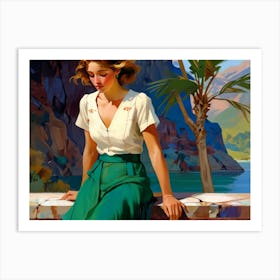 Woman Sitting By The Water Poster