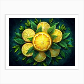 Lemon Slices With Green Leaves On A Blue Background Art Print