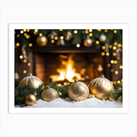 Christmas Ornaments In Front Of Fireplace Art Print