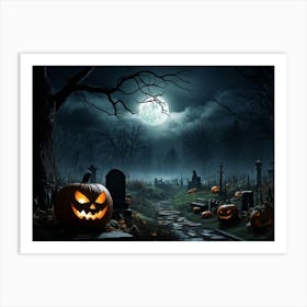 Art Landscape Pumpkin Holiday Design Halloween Fear Moon Skittish Green Grave Dark Scene (31) Art Print