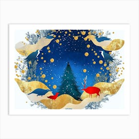 Dark Blue Art from The Contemporary Era Christmas Tree, Mountain, Deer, Birds, And Waves Art Print