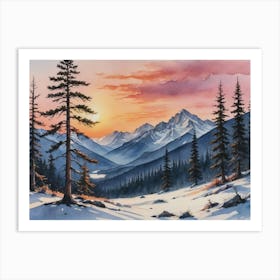 Frosted Peaks and Snowy Pines Sunset Over The Mountains Art Print