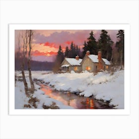 Winter Cabins By River Art Print