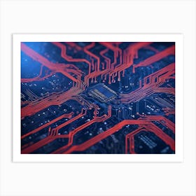 Close Up Of A Circuit Board With Intricate Red Lines And A Central Processor, Highlighting The Complexity Of Technology And Connectivity Art Print