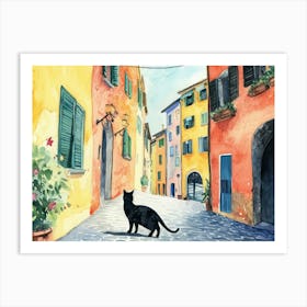 Black Cat In Rimini, Italy, Street Art Watercolour Painting 4 Art Print