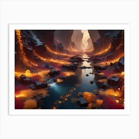 A Fantastical Landscape With A River Flowing Through A Canyon With Glowing Orbs And Lava Falls, Suggesting A Mystical Or Alien World Art Print