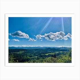 Cumulus Clouds Strewn Across A Blue Sky Above A Sweeping Scenic Landscape Vibrant Greenery Rollin (5) Art Print