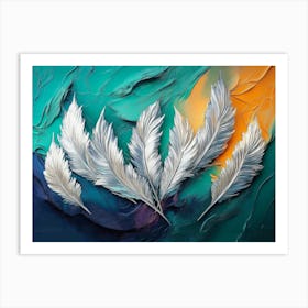 Vibrant 3d Abstract Art Teal Background Shimmering Silver Feathers Bold Volcanic Peaks Art Print