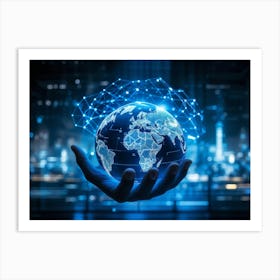 Blue Fingertip On Digital Globe Symbolizing Connection Artificial Intelligence Intertwining With Hu (4) Art Print