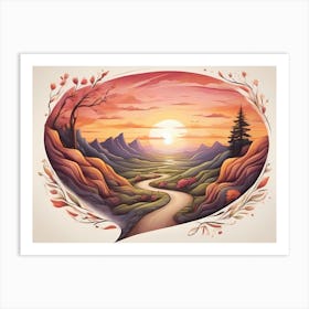 Decorative View Of Mountain Region At Sunrise And A Wandering Path In A Oval Flower Decoration - Color Illustration On White Background Art Print