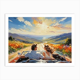 Couple Joyfully Reveling In The Warmth Waving Freely In A Sunny Open Top Convertible Hair Intimate (1) Art Print