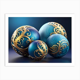 Blue And Gold Christmas Ornaments Art Print