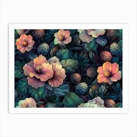 Floral Fantasy Seamless Pattern with Vintage Exotic Tropical Flowers, Hibiscus, Protea, Plumeria, Cactus Leaves Art Print