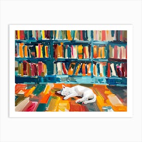 White Cat In The Library - Sleeping Art Print