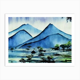 A Landscape Of Volcanic Peaks Under An Overcast Sky Art Print