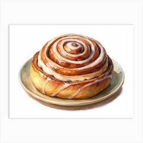 Watercolor Illustration Of A Glazed Cinnamon Roll On A Plate Art Print