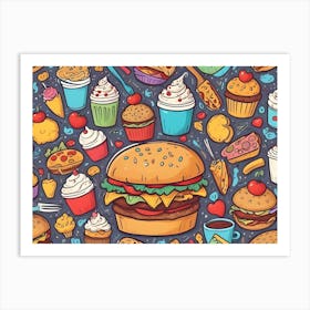 A Seamless Pattern Featuring Doodle Style Illustrations Of Various Foods, Including Burgers, Fries, Cupcakes, Ice Cream, Pizza, And More Art Print