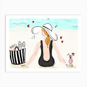 Woman On The Beach With A Cocktail And Vogue listening music at the sea Art Print