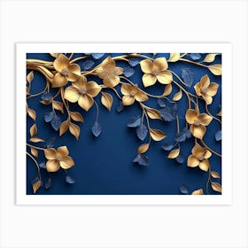 Gold Flowers On Blue Background Art Print