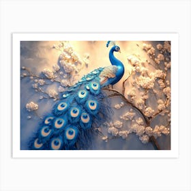 3d Background Blue Peacock On Branch 2 Art Print