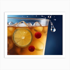 A Glass Of Iced Tea With Lemon Slices And Cranberries, With A Blue Background Art Print