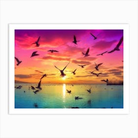 Seagulls At Sunset Art Print