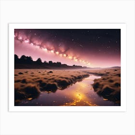 A Serene Landscape At Twilight, With A Meandering River Reflecting The Starry Sky And The Milky Way Galaxy Art Print