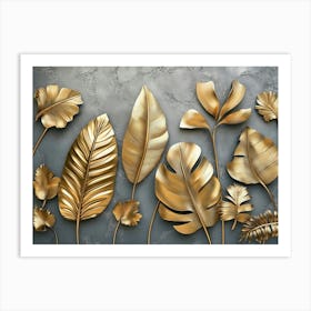 Gold Floral Plants and Palm Leaves. 3D Abstract Tropical Leaves, Banana Leaves Art Print