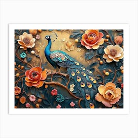 Peacock With Flowers Art Print