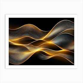 Modern Art Golden Lines Waves, Circles In Dark Background Art Print