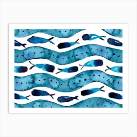 Blue Fishes Waves Sea Watercolor Art Print