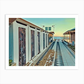 Coastal Row of Doors of Dressing Rooms. The image depicts a narrow, tiled pathway leading towards a waterfront. On one side, a row of white buildings with wooden doors line the path. The doors are a mix of weathered brown and white, adding a touch of rustic charm. The path is made of blue and white tiles, with a subtle pattern, and the ground is slightly damp, suggesting recent rain. Art Print