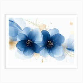 Elegant Abstract Blue Flowers with Golden Line Art Design on a White Background Art Print