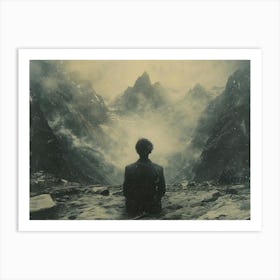 Typographic Illusions in Surreal Frames: Man In The Mountains Art Print