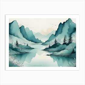 A Watercolor Painting Of A Serene Mountain Valley With A River Winding Through It Art Print