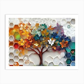 Colorful 3d Whimsical Tree On Oak, White Lattice and Vibrant Hexagonal Patterns Art Print