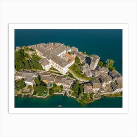The famous island of San Giulia on Lake Orta Italy. drone view Art Print