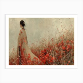 Geisha Grace: Elegance in Burgundy and Grey. Poppy Field Art Print