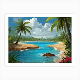 Beach Scene With Palm Trees Art Print