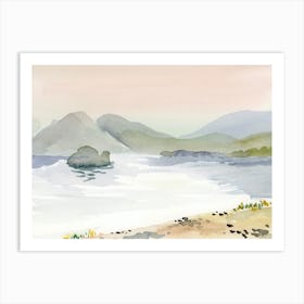 Sunrise At Lake Watercolor painting landscape bedroom living room hand painted beige grey nature mountains lake Art Print