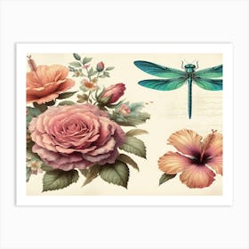 Dragonfly And Roses 2 Art Print