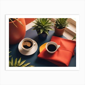 Two Cups Of Coffee On Saucers, Placed On A Blue Surface With A Red Cloth And Potted Plants Surrounding Them Art Print