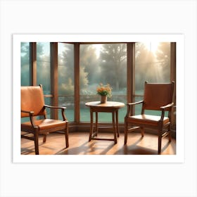 Photograph Of A Living Room With Two Leather Chairs And A Small Table In Front Of A Large Window Art Print