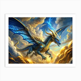 Blue Dragon With Gold Accents Flying Through The Clouds Art Print