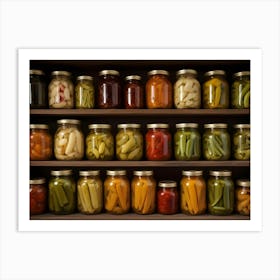 Jars Of Preserved Vegetables Lined Up On Wooden Shelves Art Print