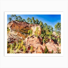 Ochres Land Majestic Cliffside Forest. This image showcases a stunning cliffside landscape adorned with lush green trees. The rocky formations exhibit a range of warm hues, from sandy yellows to deep reds, creating a striking contrast against the vibrant blue sky. The scene captures the beauty of nature's rugged terrain and the resilience of trees growing on steep, rocky surfaces. 2 Art Print