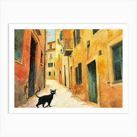 Palma De Mallorca, Spain   Cat In Street Art Watercolour Painting 2 Art Print