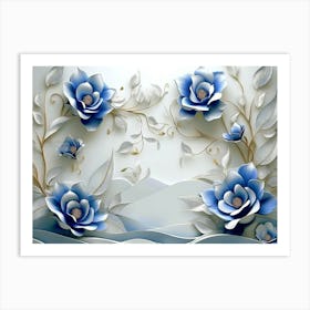 3D Blue Flowers Art Print