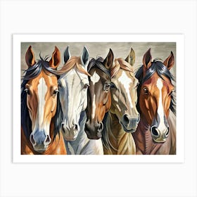 Five Horses Close Up Portraits Art Print