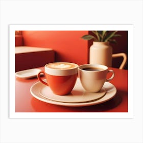 A Close Up Shot Of Two Coffee Mugs, One With Latte Art And The Other With Black Coffee, Sitting On A White Plate On A Red Table Art Print